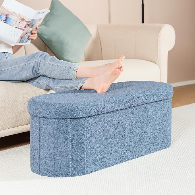 PINPLUS Storage Ottoman Bench Tufted Folding Ottomans Bench Foot Rest, Chest Box Velvet Bench with Storage 43"" x15 x15 (Blue)