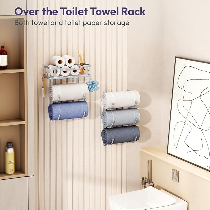 SWTYMIKI Over the Door Towel Rack - 6 Tier Towel Racks for Bathroom Wall Mounted, Towel Holder with Shelf, Hanging Rolled Towel Storage Organizer for Small Bathroom, Camper, RV, Sliver