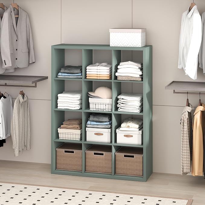 Furinno Cubic Extra Thick 12-Cube Closet Organizers and Storage, Sage Green | 14.6 x 44 x 58 in, Open Shelf Closet Storage, Closet Organizer, for Wardrobe, Bedroom, Living Room