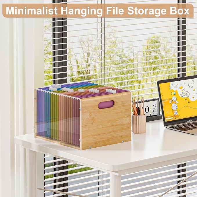 Sbanmao Letter/Legal Bamboo Acrylic File Box Organizer, Hanging File Folder Storage Boxes, Decorative Document Crate Transparent Filing Bin with Handle for Home Office Desk