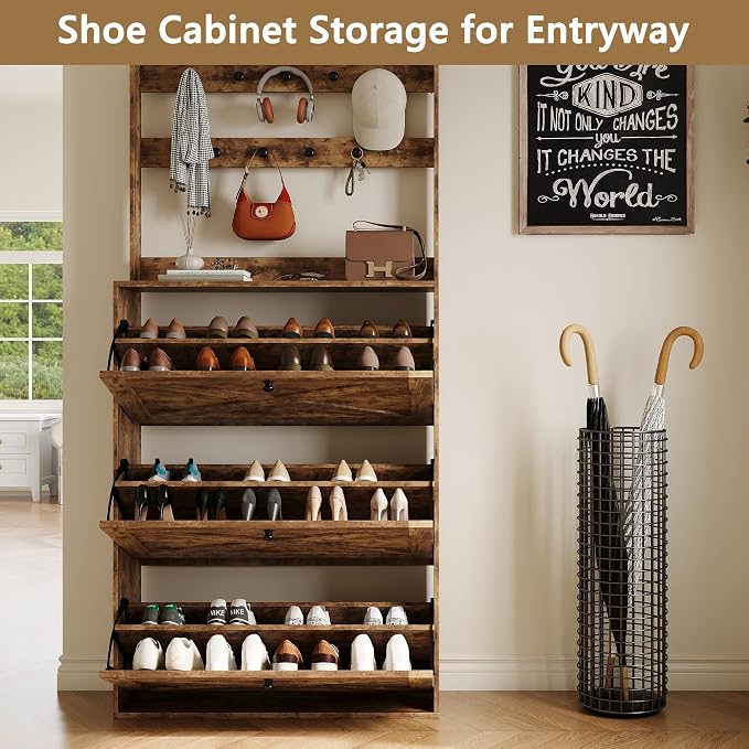 HOPUBUY Shoe Cabinet for Entryway, Narrow Shoe Storage with 3 Flip Drawers | Wood Slim Shoe Rack, 3 Tier Thin Shoe Organizer for Home and Apartment,Rustic Brown