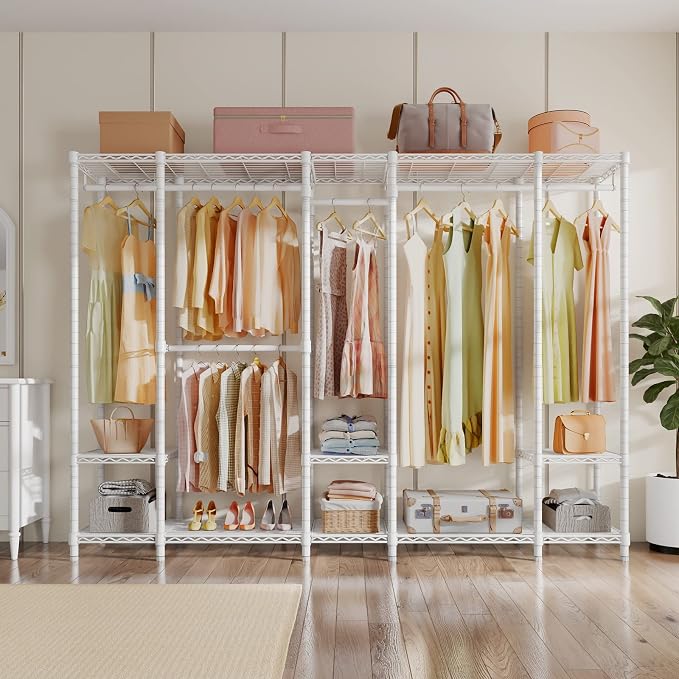 VIPEK V50 Closet Organizer System with Adjustable Shelves, White | 1300 Lb Capacity, Steel Frame, Adjustable Shelves, Open Closet with 4 Hanging Rods, for Bedroom, Apartment, Walk-In Closet