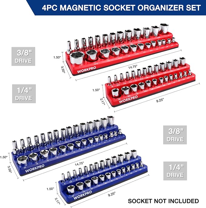 WORKPRO Magnetic Socket Organizer Set, 4-Piece Metric SAE Socket Holder Set | 1/4", 3/8", Drive Socket Trays, Holds 108-Piece Sockets, Suitable for Standard and Deep Sockets, Sockets not Included