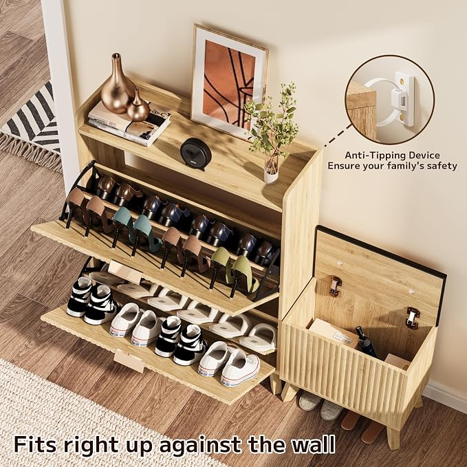 Fluted Shoe Cabinet Storage with Bench, Wood Narrow Hidden Shoe Cabinet with 2 Flip Drawers Wood Legs Adjustable Shelf for Entryway, L-Shaped Shoe Rack Organizer for Foyer Hallway Living Room
