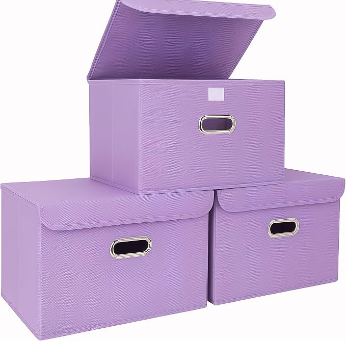 STOREONE Fabric Storage Cube Bins Foldable Organizer Container Collapsible Basket with Lids and Metal Handles, for Home, Bedroom, Closet 3 Pcs (multicolour-purple)