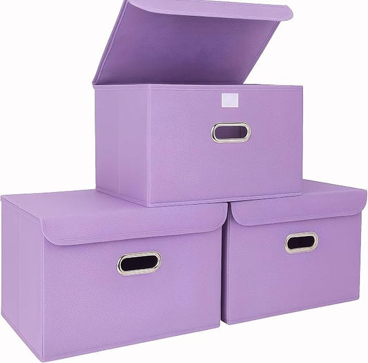 STOREONE Fabric Storage Cube Bins Foldable Organizer Container Collapsible Basket with Lids and Metal Handles, for Home, Bedroom, Closet 3 Pcs (multicolour-purple)