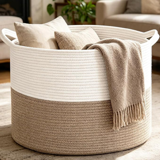 Large Woven Blanket Basket,65L Cotton Rope Laundry Basket | Collapsible Nursery Storage Bin with Sturdy Handles for Clothes, Toys, Pillows, Living Room Bedroom Bathroom - White & Brown