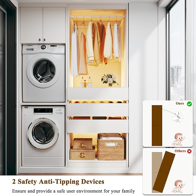 HUAHUU Freestanding 2FT Closet System with 3 Wood Drawers & Glasstop, 24" Closet Organizer System with Hanging Rod & LED Lights, Walk-in Closet Systems for Small Closets, White (24"L x 16" W x 80" H)