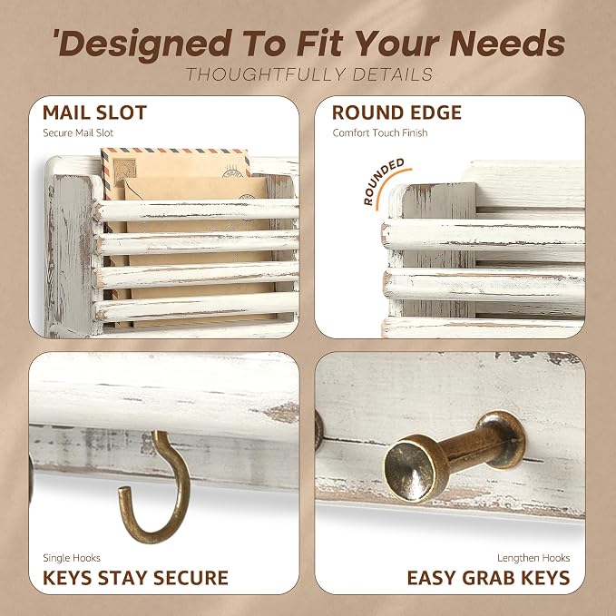 Rebee Vision Key Holder Wall Mount with Mail Slot for Home Decor, Whitewash | Pine Wood, Key Holder for Wall, Mail Organizer, 8 Key Hooks, Hat Storage, key Hanger, Letter Storage, Room Rustic Aesthetic