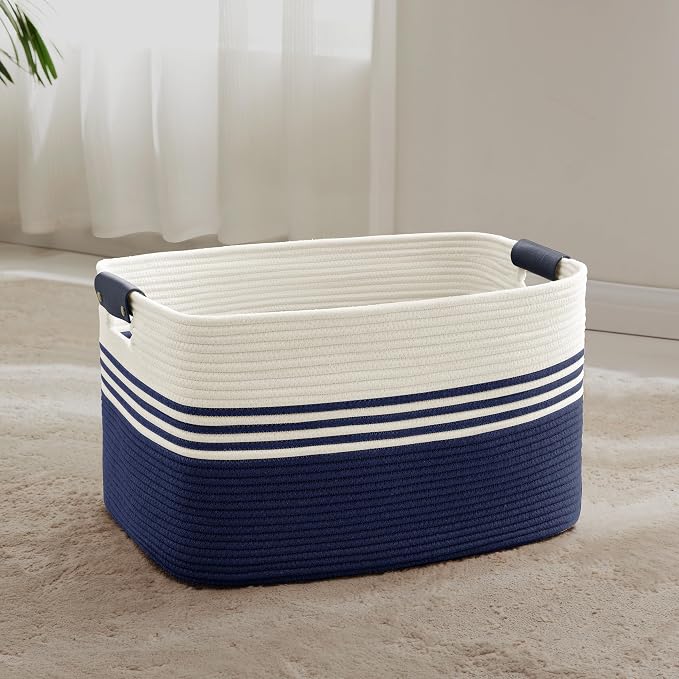 60L Woven Laundry Basket Hamper with Leather Handles,Navy | collapsible wicker hamper, storage for dirty clothes, toys, blankets, gifts, living room, bedroom, bathroom, 21"x15"x11"