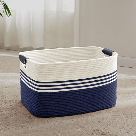 60L Woven Laundry Basket Hamper with Leather Handles,Navy | collapsible wicker hamper, storage for dirty clothes, toys, blankets, gifts, living room, bedroom, bathroom, 21"x15"x11"