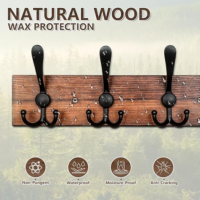 IBosins Wall Mounted Coat Rack, 31.4" Long with 8 Black Rustic Tri-Hooks | Burnt Finish Metal Wood Entryway Hanging Coat Hook Rack for Coat, Bag, Towel, Key, Hat, Umbrella