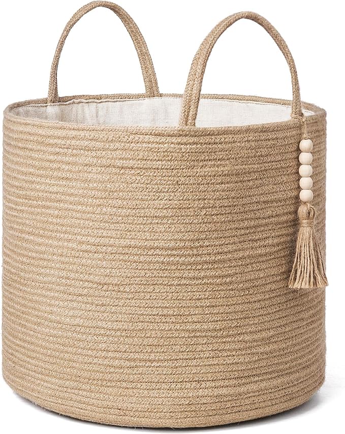 Mkono Woven Storage Basket Decorative Natural Rope Basket Wooden Bead Decoration for Blankets,Toys,Clothes,Shoes,Plant Organizer Bin with Handles Living Room Home Decor, Jute, 16" W × 13.8"L | Brown, Jute, Decorative Basket with Handle, Wood Beads Tass...