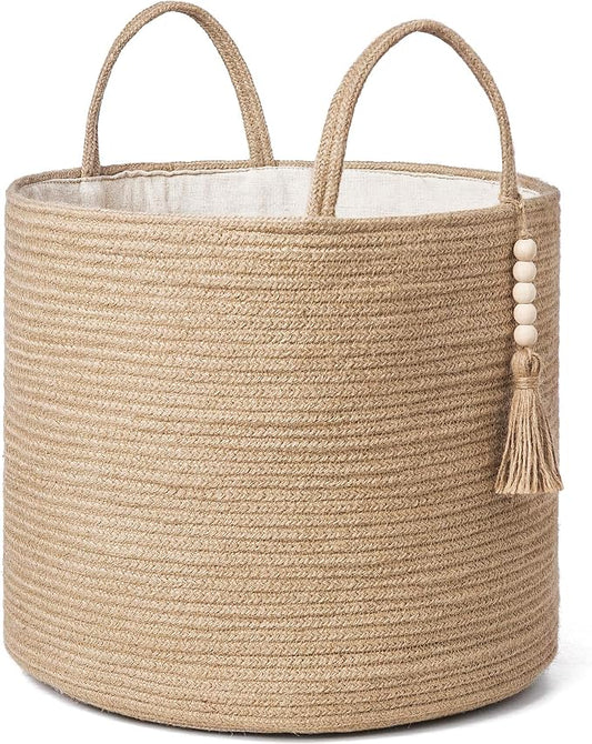 Mkono Woven Storage Basket Decorative Natural Rope Basket Wooden Bead Decoration for Blankets,Toys,Clothes,Shoes,Plant Organizer Bin with Handles Living Room Home Decor, Jute, 16" W × 13.8"L | Brown, Jute, Decorative Basket with Handle, Wood Beads Tass...