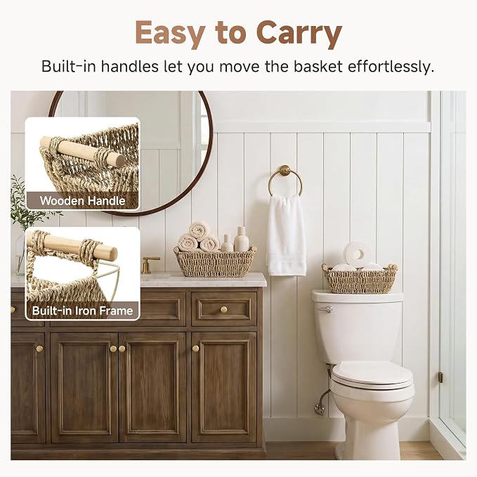 StorageWorks Small Baskets for Shelf, Seagrass Woven Basket with Wooden Handles for Gifts, 2-Pack