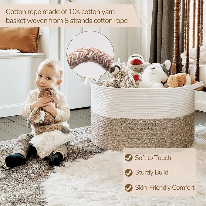 INDRESSME XXXLarge Woven Rope Blanket Basket Living Room Light Brown, 90L | 21.7" x 13.8" Storage baskets for toys laundry & pillows. Fits living room, bedroom or nursery décor. Soft-touch with handles