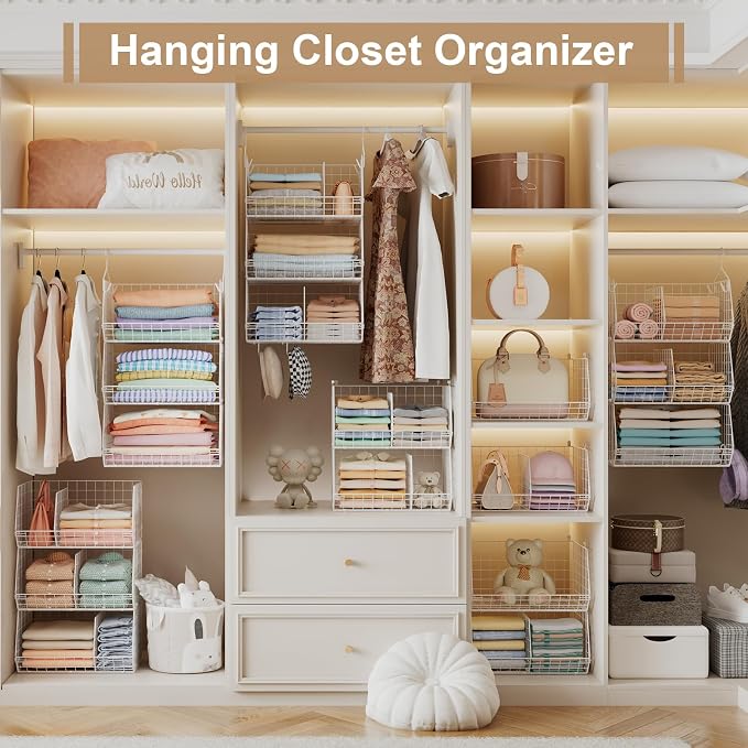 3 Tier Extra Large Closet Hanging Shelves with Divider, 16.5"L x 11.8"W x 33.6"H Closets Organizers and Storage with 5 S Hooks, Clothes Organizer for Sweaters Shoes Handbags Clutches Accessories-White