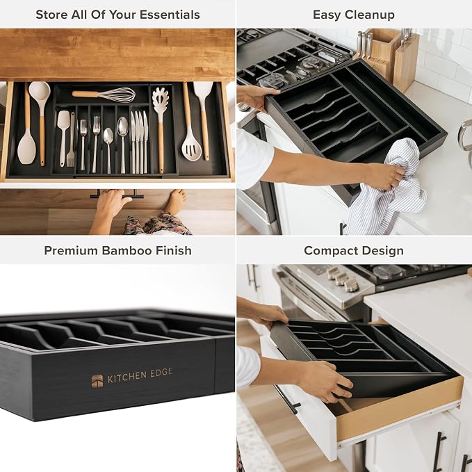 KitchenEdge Silverware & Utensil Drawer Organizer, 18-33 in, Black Bamboo | Cutlery, flatware, food-safe contract grade, kitchen drawer fit