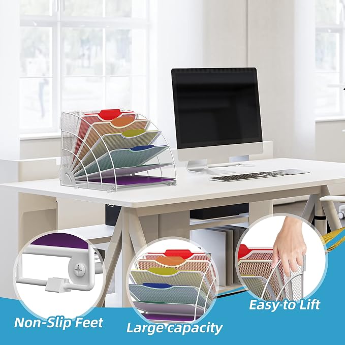 Fan Shaped Desk File Organizer, Paper File Holder for Desk, White | Metal mesh frame, tiered open design for easy access, organizes papers, folders and books for offices, schools and classrooms