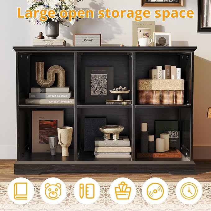 IRONCK 6 Cube Storage Organizer, Farmhouse Wood Bookshelf | Black finish, anti-tip design, cube shelf unit for bedroom, living room, home office, books or decor