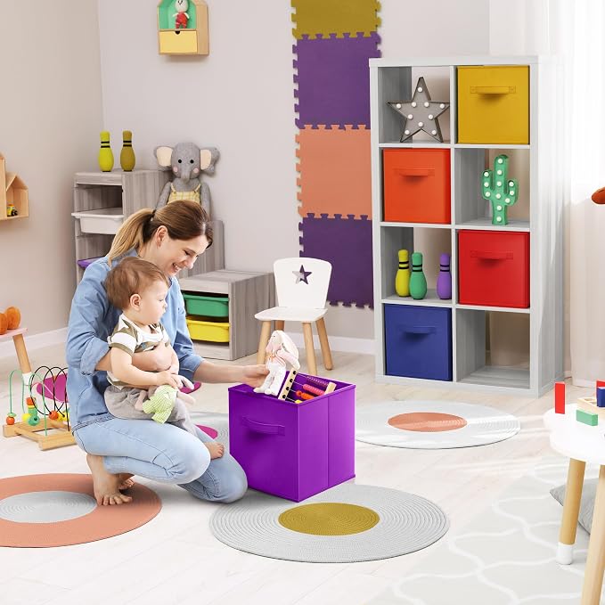 Sorbus 11 Inch Fabric Storage Cubes - Sturdy Collapsible Bins With Handle - 6 Foldable Baskets for Organizing Clothes, Toys, Books - Multi Colored Storage Baskets for Shelves, Kids Room, Closets