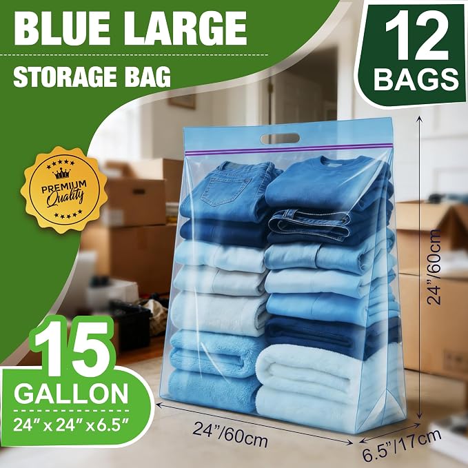 GOONIK 15 Gallon Large Storage Bags with Zipper and Handle for Clothes Pillow Travel Moving, Large, 24” x 24”, Blue, Pack of 12