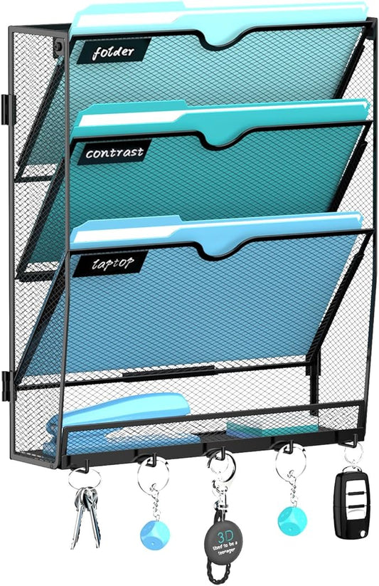 Wall File Organizer - Hanging File Organizer with 5 Hooks, Mail Holder Wall Mounted for Papers, Folders, Magazines, Bills, 4 Tier Office&School Organization, Black