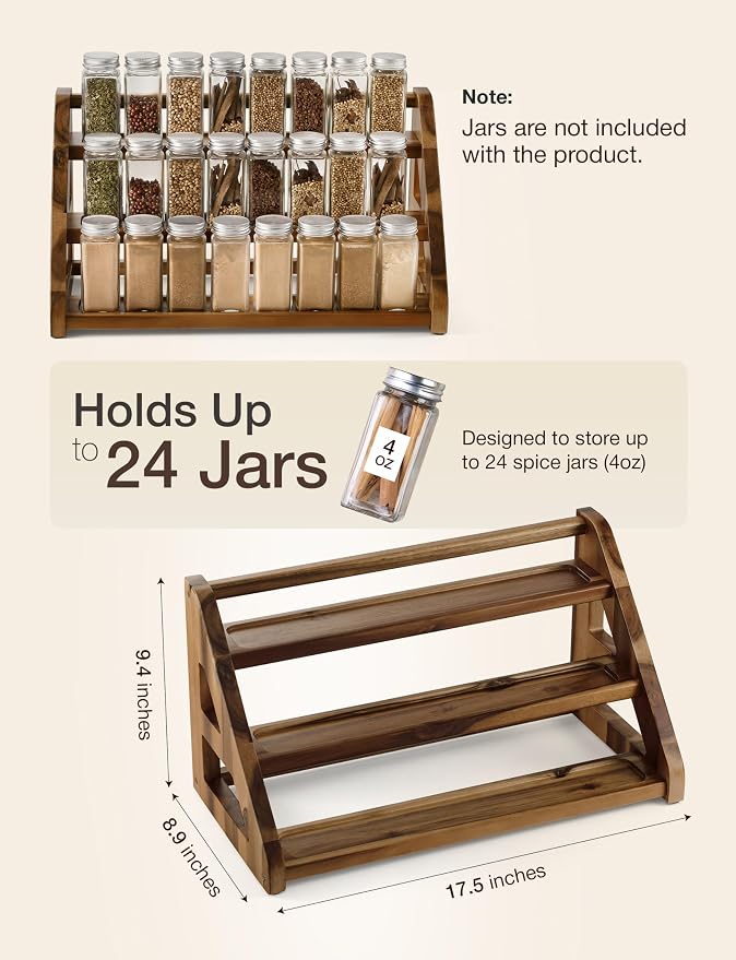 Tinamo Acacia Wood Spice Rack - Wooden 3-Tier Spice Rack Organizer for Countertop or Cabinet – Kitchen Spice Organizer and Seasoning Organizer Shelf (Walnut) | Acacia Wood, 3-tier Spacious Design for 24 Spice Jars, Cutout Grooves for Secure Storage, Ea...