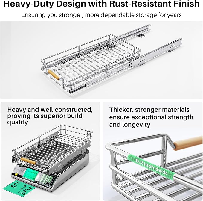 Pull out Cabinet Organizer, 11"W X 21"D, Heavy Duty Smooth Sliding Under Cabinet Shelves for Pots and Pans, Full-Extension Roll out Drawers, Slide out Organization for Home Kitchen Pantry