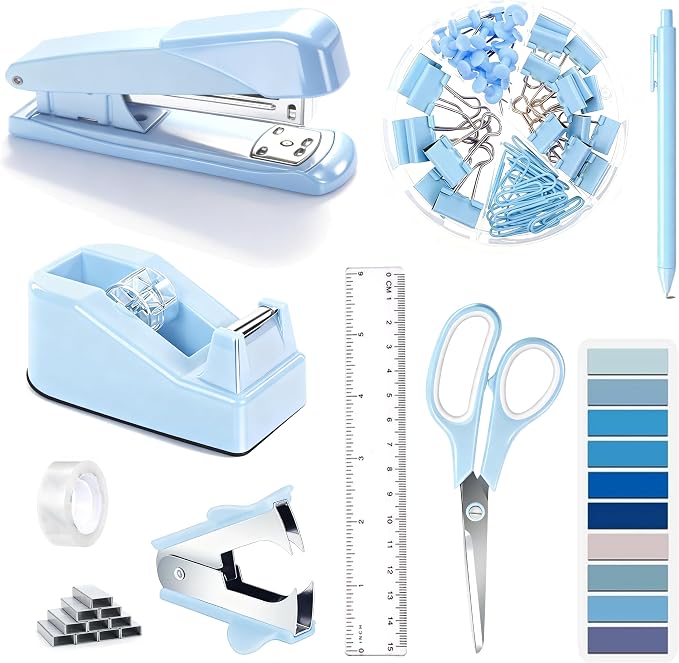 Dimonluce Blue Desk Accessories, Blue Office Supplies Accessories with Tape Dispenser, Stapler, Staple Remover, 1000 Staples, Tape, Clips Set, Ruler, Scissor, Pen