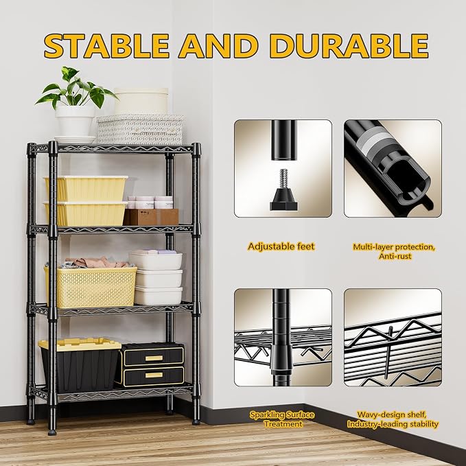 M MZG 1000 lbs 4 Tier Shelf Metal Storage Shelves Wire Rack Closet Organizers for Garage Kitchen Bathroom Laundry Black 11.8" D x 25.6" W x 45.5" H