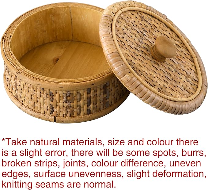 SOFE Small Round Rattan Box with Lid, Decorative Storage Boxes, Rattan Storage Basket for Jewelry, Candies, Snacks, Keys, Desktop Farmhouse Woven Boxes for Decor, 5.7 Inches