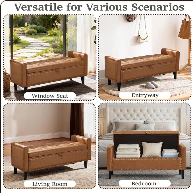47'' Leather Storage Ottoman Bench, End of Bed Storage Bench with Wooden Legs, Upholstered Tufted Ottoman with Storage for Bedroom, Living Room, Entryway, Light Brown