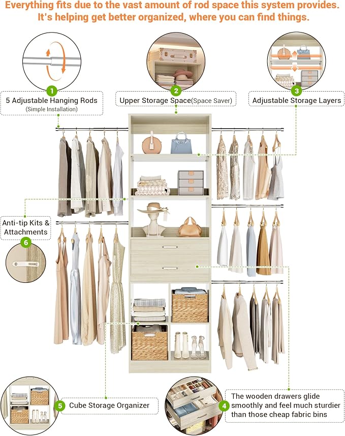 Besiost Small Closet System, 3.2-6.8FT Small Closet Organizer with 5 Hanging Rods, Can Fit 37.5 to 81.9 inch Walk-in Closet System, Built-in, Greige Oak, Enclosed Storage Volume 2.32 ft³