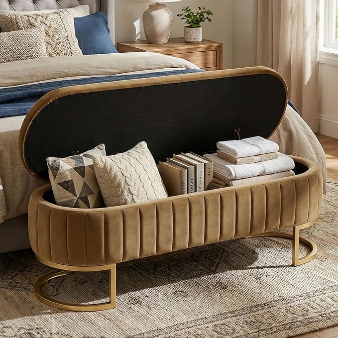 65 Inch Storage Ottoman Bench Velvet End of Bed Storage Bench King Size Upholstered Tufted Bench Large Space for Bedroom Living Room Entryway Coffee