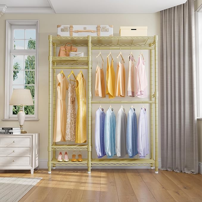 VIPEK V2 Heavy Duty Clothes Rack, Metal Closet Rack Organizer, Gold | Garment Racks with 4 Tiers Wire Shelving 3 Hanging Rods, Compact Freestanding Closet Metal Closet Rack, Max Load 700LBS