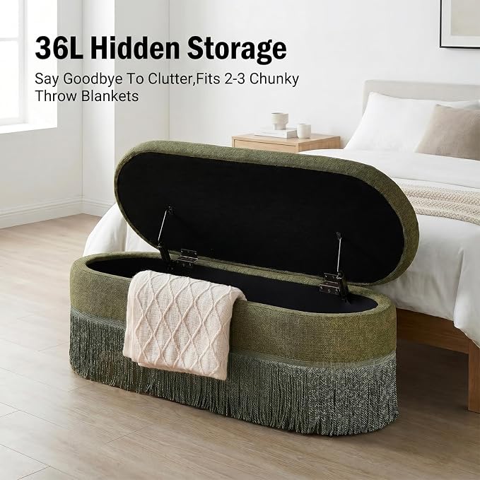 39.4“ Boho Storage Ottoman Bench with Tassels,Upholstered End of Bed Bench | Linen Oval Ottoman with Storage, Entryway Foot Rest for Bedroom, Lift-Top Lid with Safety Hinge, Living Room& Window, Green