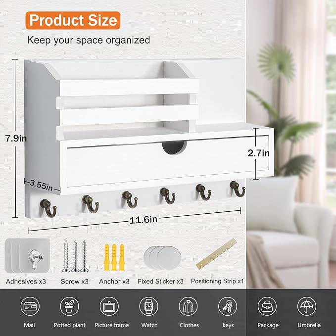 dreampossible Key and Mail Holder for Wall, Mail Organizer Wall Mount with 6 Hooks and Storage Drawer, Wooden Key Rack Hanger with Shelf for Entryway and Home Decor