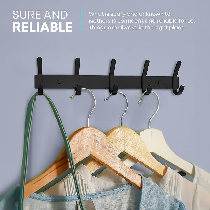 Coat Rack Wall Mount – 15 Inch Stainless Steel Hook Rail with 5 Double Coat Hooks for Hanging – Wall Mounted Entryway Organizer for Coats, Hats, Bags, Towels, Robes, Bedroom or Bathroom - Black