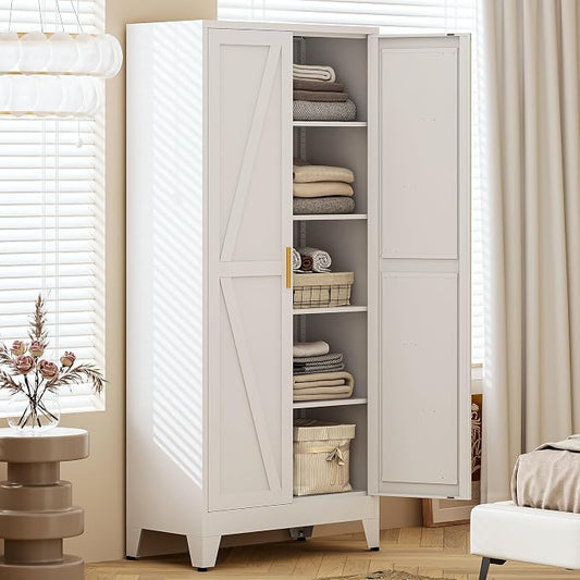 71" H White Pantry Cabinet,Metal Storage Cabinets with Doors and Shelves,Tall Food Kitchen Cabinets,Farmhouse Kitchen Cabinet,Freestanding Cabinet