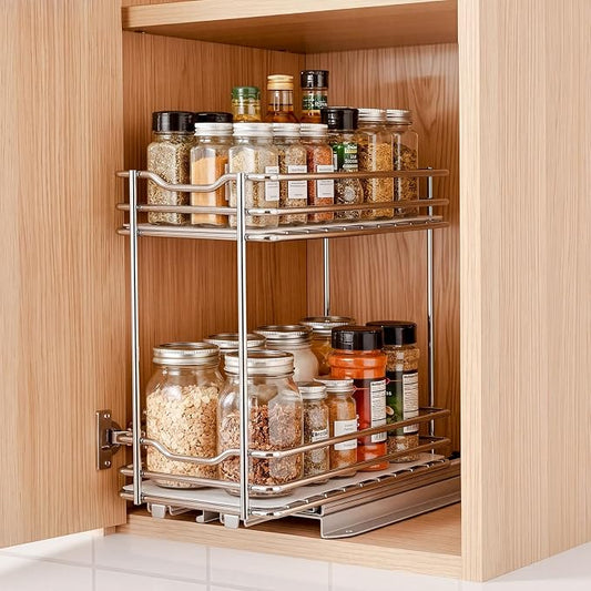 VEVOR Pull Out Spice Rack Organizer for Cabinet, 2 Tier Slide Out Spice Rack Organizer, Heavy Duty Metal Seasoning Kitchen Basket for Inside Cabinets & Pantry Closet, 4.33"W x 8.46"D x 10.43"H, Silver