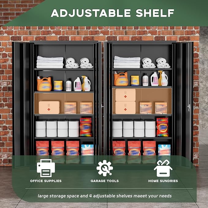Greenvelly Metal Garage Storage Cabinet, 72” Lockable Storage Cabinet with Adjustable Shelves, Steel Tool Cabinets, Black Metal File Cabinet for Home Office, Garage, School, Classroom(36" W x 18" D)