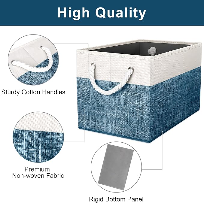 Fab totes Storage Bins 4-Pack, Foldable Storage Baskets for Organizing Toys, Books, Shelves, Closet, Large Storage Box with Rope Handles, Sturdy Organizer Bins, White & Blue