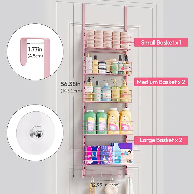 SWTYMIKI Over The Door Organizer - Door Organizer Hanging with 5 Adjustable Metal Large Capacity Basket and 6 Coat Hook, Wall Mounted Shelf for Bedroom Closet Bathroom Laundry Pantry Cabinet Kitchen