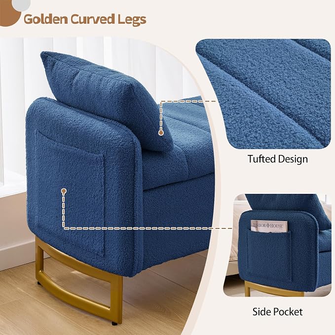 66'' King Size Storage Bench for Bedroom, Teddy Boucle End of Bed Benches for Foot of Bed, Storage Ottoman Bench with Golden Legs and Pockets for Living Room Window Entryway, Blue