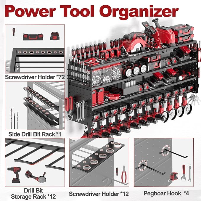 52" Metal Power Tool Organizer Wall Mount,4 Tier,Black | Heavy-Duty Metal,480 LBS Capacity,12 Cordless Drill Holders,Adjustable Hooks,Tool Shelf for Garage Workshop Shed,Pegboard