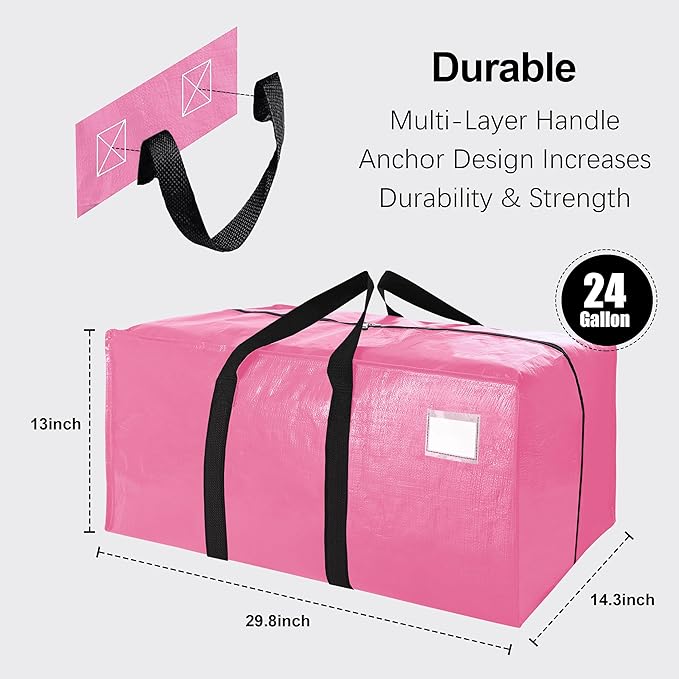 VELVETSURE 12 Pack Heavy Duty Large Moving Bags W/Backpack Straps - Strong Handles & Zippers, Storage Totes For Space Saving, Fold Flat, Alternative to Moving Box and Storage Bin, Pink