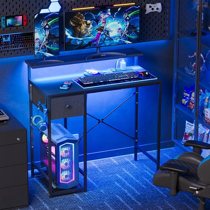 X-cosrack 33.5" Small Gaming Desk with LED Lights & Long Monitor Stand, Compact Computer Desk with Power Outlets & CPU Stand, Gamer Table with Storage Drawer for Home Office, Bedroom Corner, Black