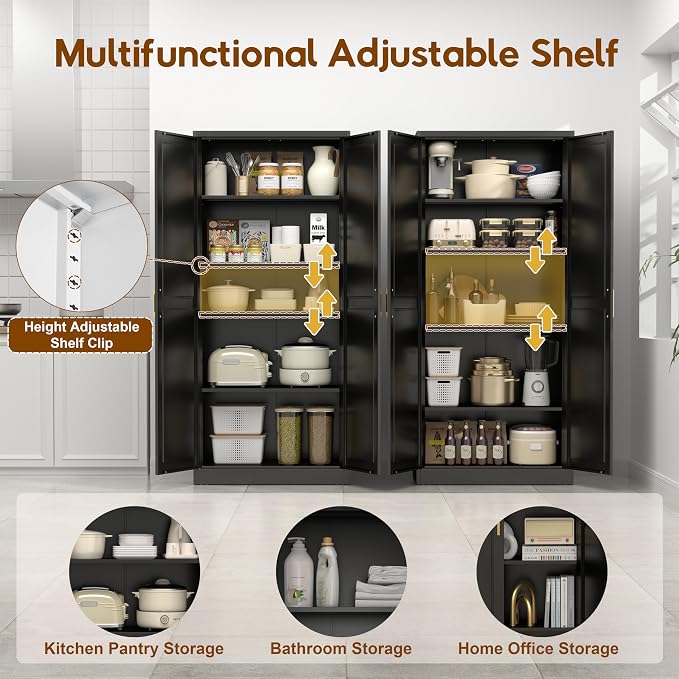 UNICOLY 71" Kitchen Pantry Cabinet, Metal Pantry Storage Cabinet with Doors | Tall Storage Cabinet with 4 Shelves, Black Storage Cabinets for Kitchens, Living Room, Dinning Room, Assembly Required