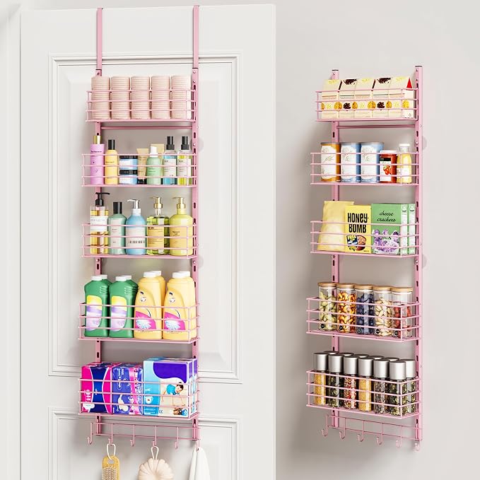 SWTYMIKI Over The Door Organizer - Door Organizer Hanging with 5 Adjustable Metal Large Capacity Basket and 6 Coat Hook, Wall Mounted Shelf for Bedroom Closet Bathroom Laundry Pantry Cabinet Kitchen